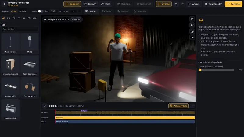 L'atelier du jeu : un artiste éclairé dans un garage, la frise de montage en bas